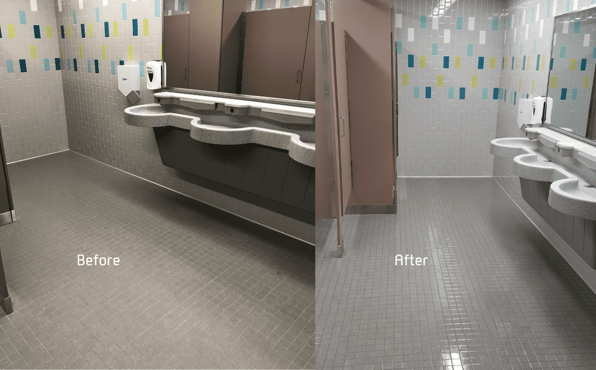 before after restroom colored tile wall